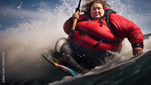 Super obese woman kite surfing. Generative AI