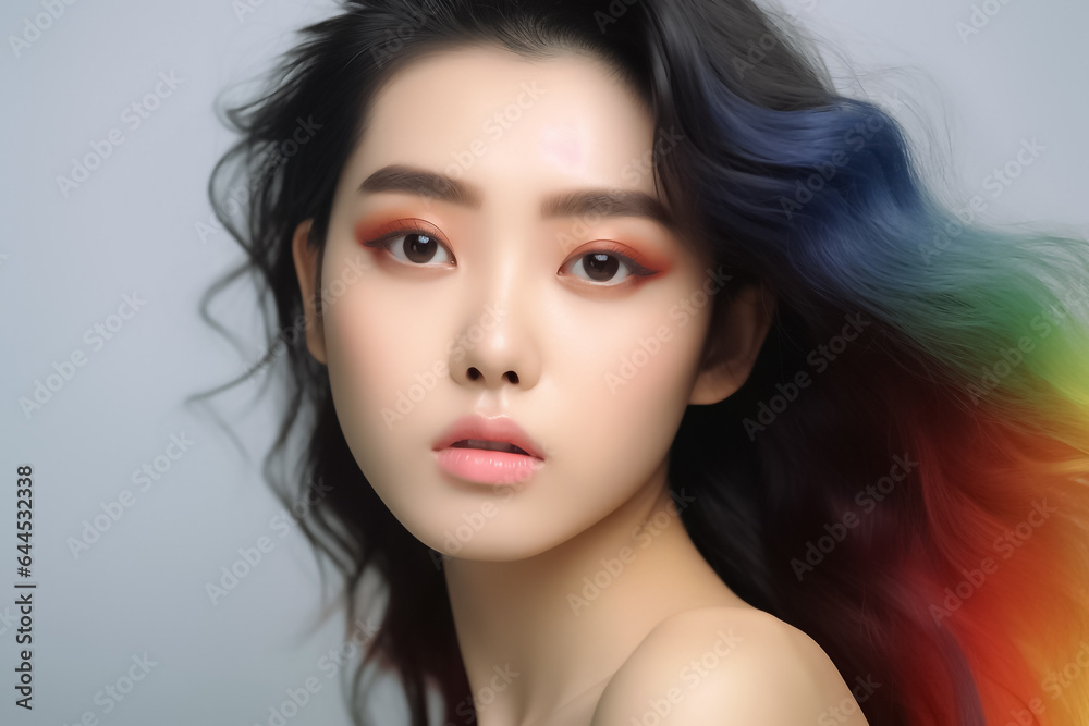 a beautiful young woman with mesmerizing rainbow-colored hair and eye-catching makeup. Her vivid rainbow style takes center stage in this close-up fashion shot. Generative AI. a beautiful young woman with mesmerizing rainbow-colored hair and eye-catching makeup. Her vivid rainbow style takes center stage in this close-up fashion shot. Generative AI.