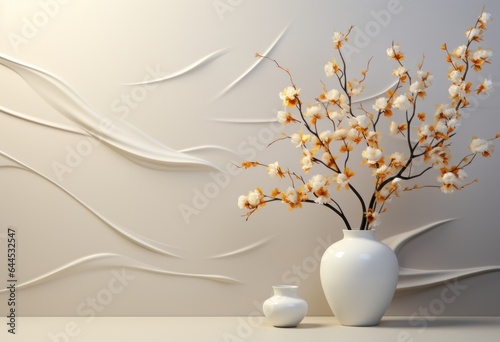 White vas with flower in front of modern wall art
