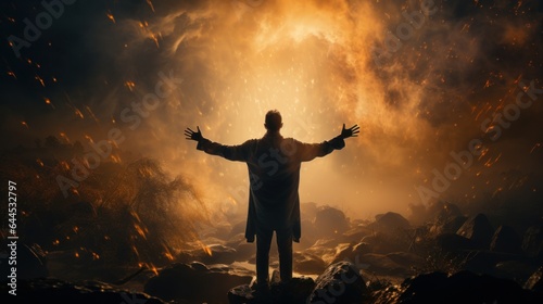 man of faith with arms outstretched in front of a sunset