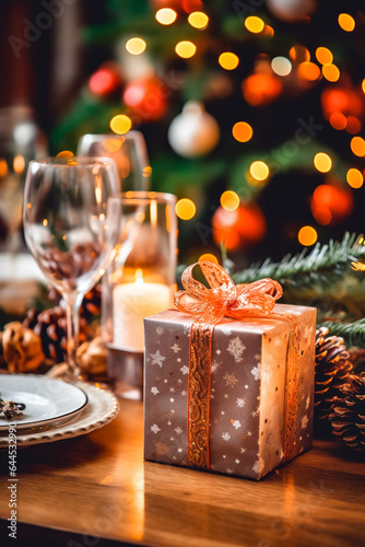 Christmas gifts on a wooden table against the backdrop of a beautiful bokeh of festive lights and a Christmas tree