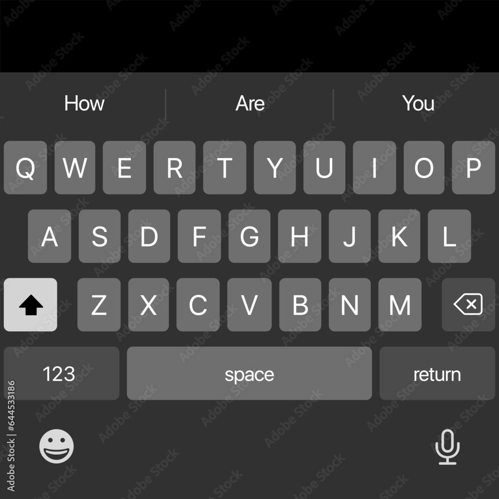 iPhone keyboard. iOS keyboard. Smartphone Keyboard. Dark Mode Template