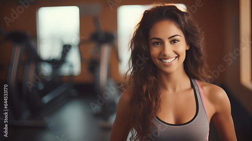  Happy woman with long dark hair fitness trainer smiling and looking at the camera on the background of the gym. The concept of a healthy lifestyle and sports. mock up top greey top sportswear