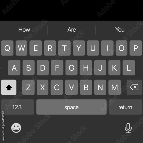 iPhone keyboard. iOS keyboard. Smartphone Keyboard. Dark Mode Template