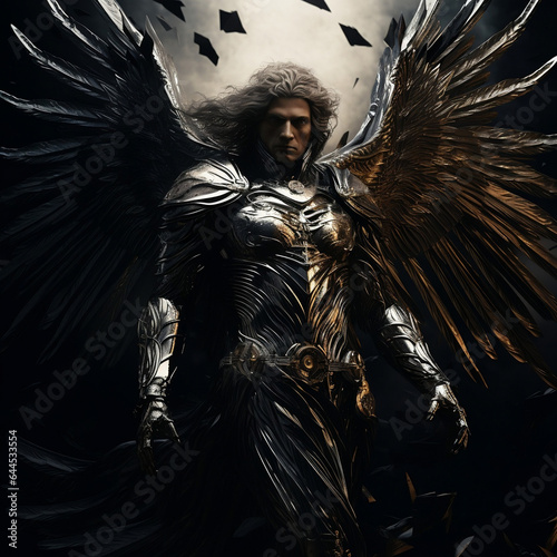 タイトル: "銀翼の堕天使"説明文: このイラストは、銀色の翼を持つ堕天使の壮大な存在を描写しています。彼はメタリックな鎧に身を包み、その鎧は複雑で美しく、光輝いています。ロン毛が風に舞い、強靭な風貌を持ち、大地に立ち、救世主のような存在感を放っています。