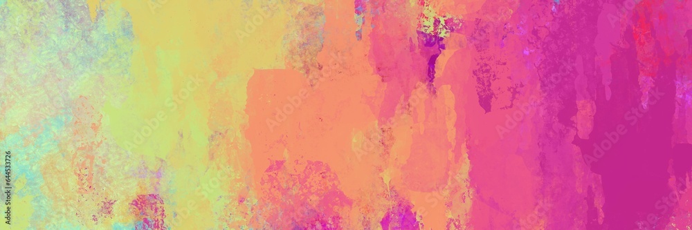 Abstract background texture, rough painted blobs of colors in pretty color palette purple pink orange yellow and blue green. Modern abstract painting, bright colorful banner or background