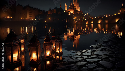 Floating lanterns in Yee Peng Festival, night street in the city, diwali concept, candles in the water, Ai generated image  © PixxStudio