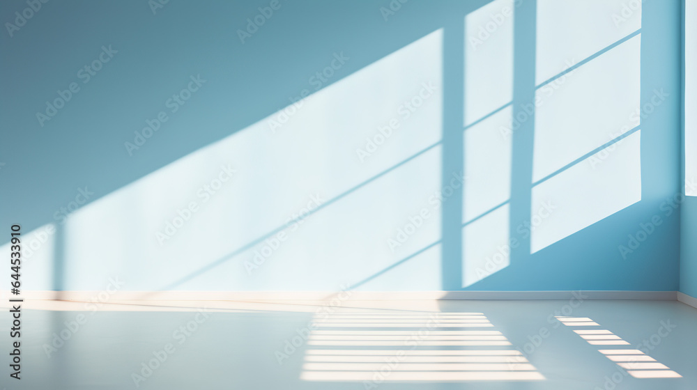 Fototapeta premium A Blurred Shadows on Pastel blue Wall, Sunlight through Window, white wooden floor, blank space for presentation