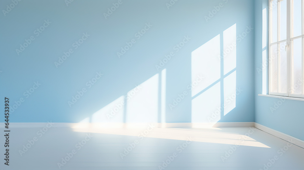 Fototapeta premium A Blurred Shadows on Pastel blue Wall, Sunlight through Window, white wooden floor, blank space for presentation