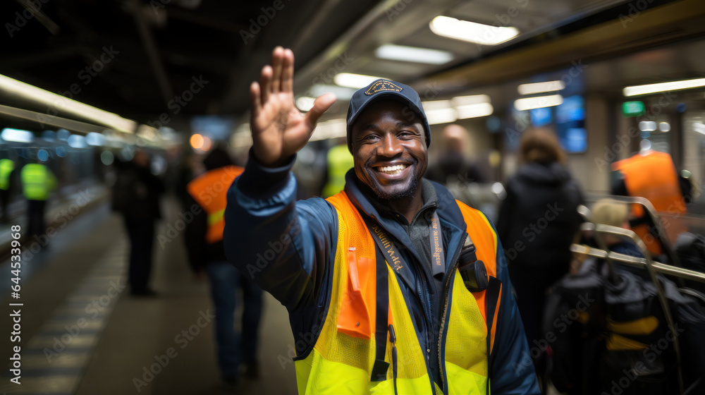 African american worker man wearing a cap and reflective vest waving in airport. African american worker man wearing a cap and reflective vest waving in airport.