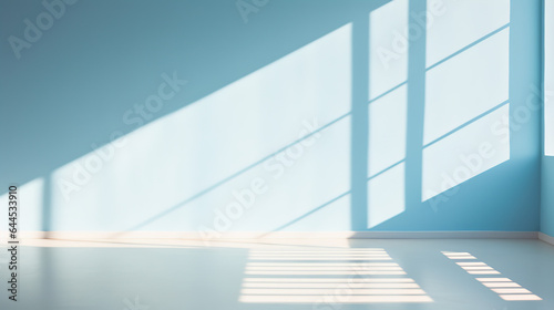 A Blurred Shadows on Pastel blue Wall  Sunlight through Window  white wooden floor  blank space for presentation