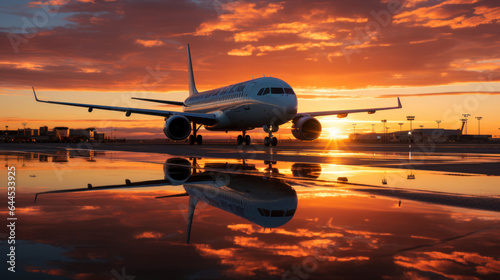 Airplane in the airport at sunset. Travel and business concept.