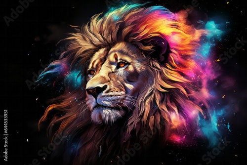 Portrait of Lion Zodiac sign in the night cosmic starry sky in neon rainbow colors watercolor illustration.