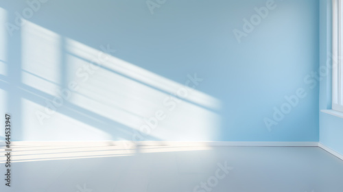 A Blurred Shadows on Pastel blue Wall  Sunlight through Window  white wooden floor  blank space for presentation