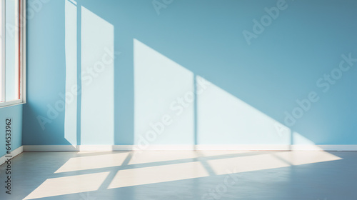 A Blurred Shadows on Pastel blue Wall, Sunlight through Window, white wooden floor, blank space for presentation