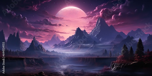 AI Generated. AI Generative. Purple pink landscape nature outdoor background. Mountains lake forest scene view adventure explore. Can be used like game concept inspiration