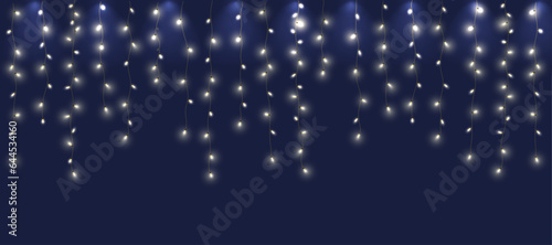 Christmas garland isolated on transparent background. Glowing yellow light bulbs with sparkles. Xmas, New Year, wedding or Birthday decor. Party event decoration. Winter holiday season element.