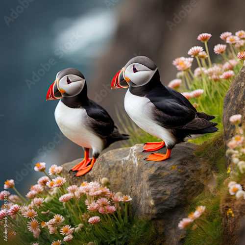 A pair of puffins sitting on a cliff together. Heimaey coast  Iceland. Generative Ai