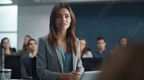 A confident female executive masterfully delivers a business presentation in a boardroom, engaging her audience during an informative workshop. knowledge transfer concept. Generative Ai