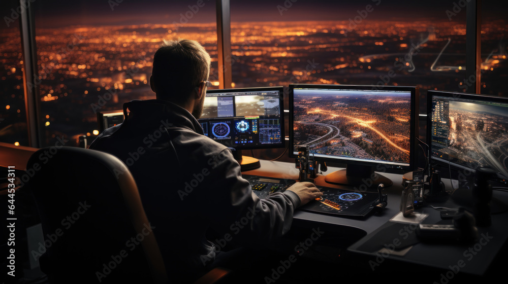 Air traffic controller worker. Office room with navigation screens,airplane departure and arrival data team. Airport tower concept. Air traffic controller worker. Office room with navigation screens,airplane departure and arrival data team. Airport tower concept.