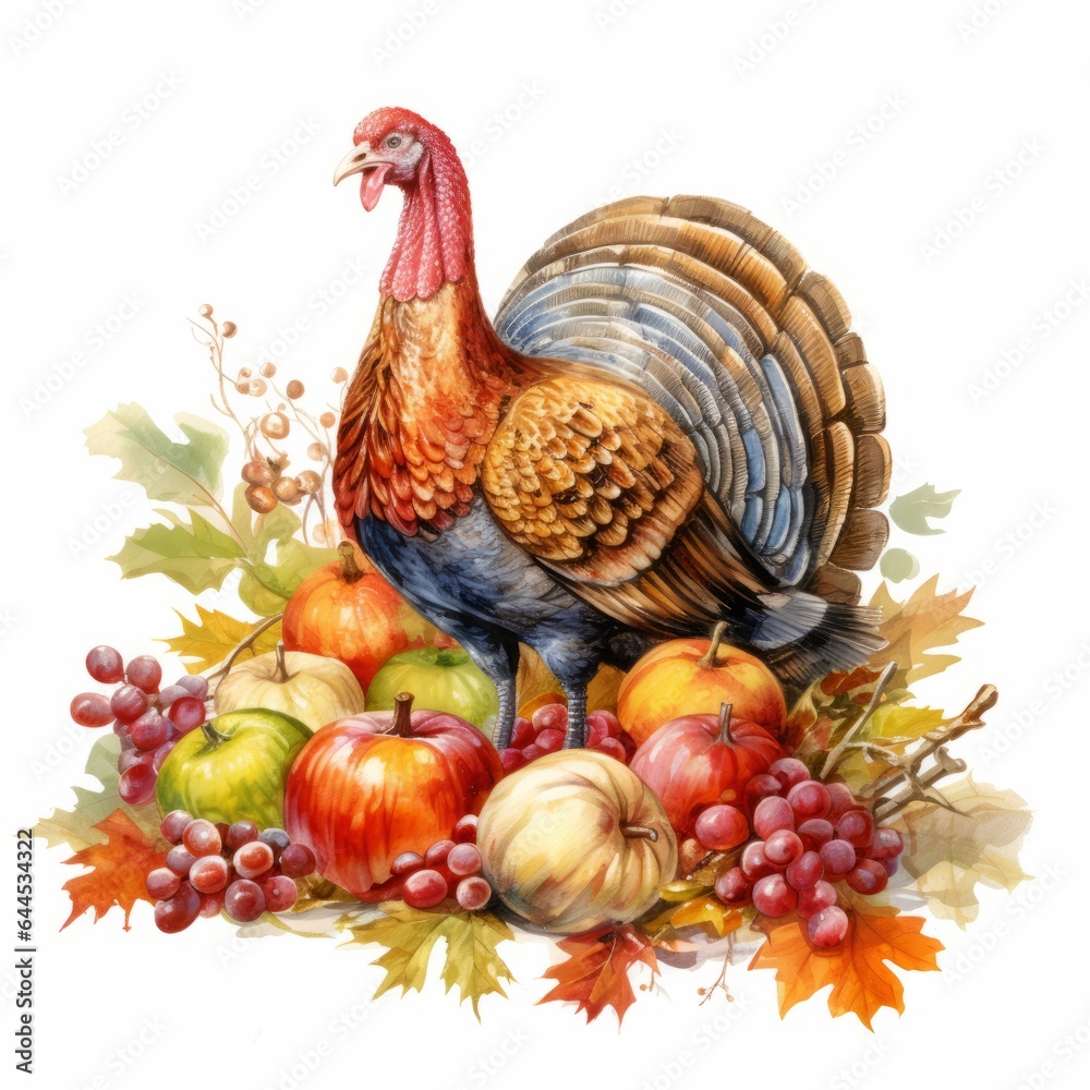 Watercolor illustration live turkey with autumn harvest of vegetables ...