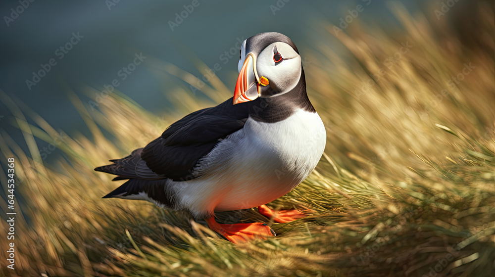 Atlantic puffin bird resting on grass, on a cliff together. Heimaey coast, Iceland. Generative Ai Atlantic puffin bird resting on grass, on a cliff together. Heimaey coast, Iceland. Generative Ai