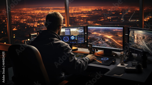 Air traffic controller worker. Office room with navigation screens,airplane departure and arrival data team. Airport tower concept.