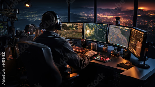 Air traffic controller worker. Office room with navigation screens airplane departure and arrival data team. Airport tower concept.
