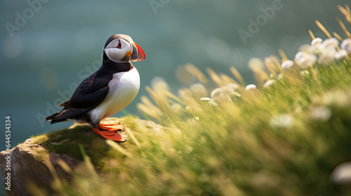 Atlantic puffin bird resting on grass, on a cliff together. Heimaey coast, Iceland. Generative Ai © tong2530