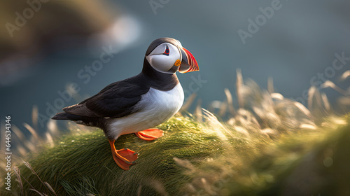 Atlantic puffin bird resting on grass, on a cliff together. Heimaey coast, Iceland. Generative Ai