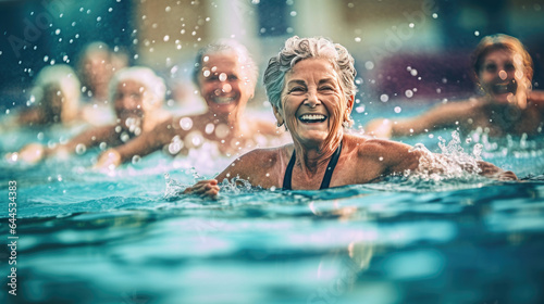 Exercise in water, Active senior women enjoying aqua fit class in a pool, displaying joy and camaraderie, embodying a healthy, retired lifestyle. Generative Ai © tong2530