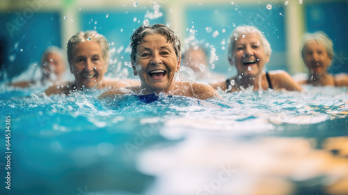 Exercise in water, Active senior women enjoying aqua fit class in a pool, displaying joy and camaraderie, embodying a healthy, retired lifestyle. Generative Ai © tong2530