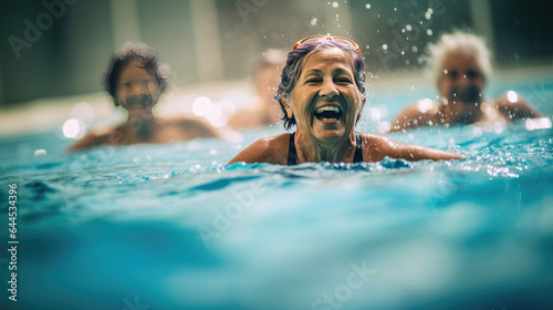 Exercise in water, Active senior women enjoying aqua fit class in a pool, displaying joy and camaraderie, embodying a healthy, retired lifestyle. Generative Ai