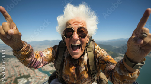Funny elderly woman joyfully doing base jumping. Generative AI