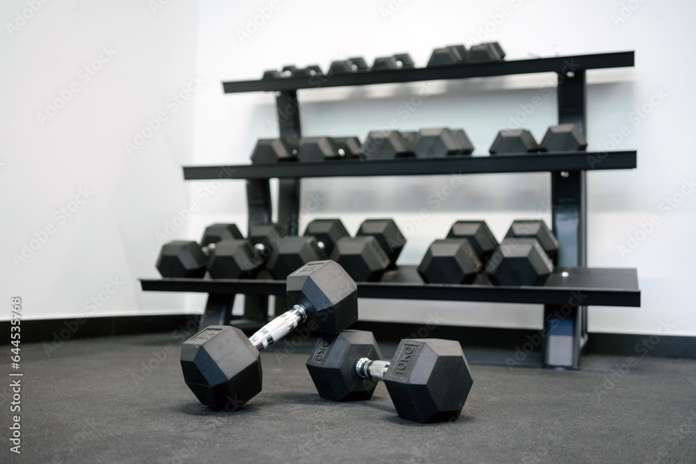 Return to a healthy routine. Training equipment. Dumbbell rack. Indoor gym.