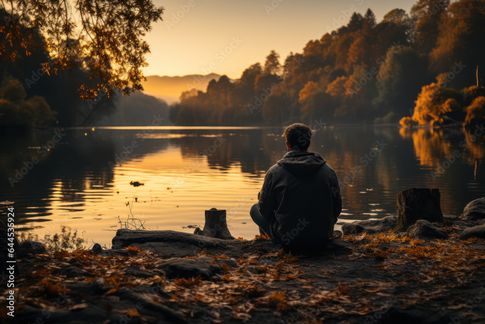 Thoughtful Reflection. Person gazing at a calm lake, reflecting the introspective nature of contemplating new ideas. Generative Ai.