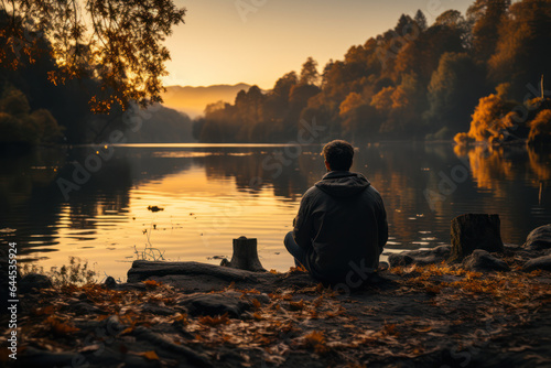 Thoughtful Reflection. Person gazing at a calm lake  reflecting the introspective nature of contemplating new ideas. Generative Ai.