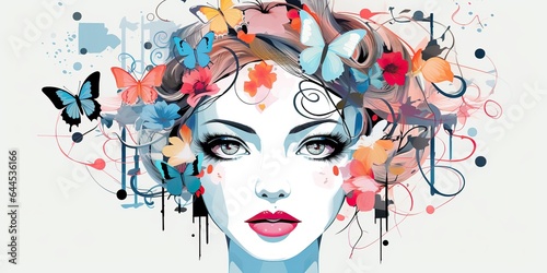 AI Generated. AI Generative. Beautiful girl woman with butterfly and flowers in hair make up fashion decoration. Can be used like femine decorative illustration © Graphic Warrior