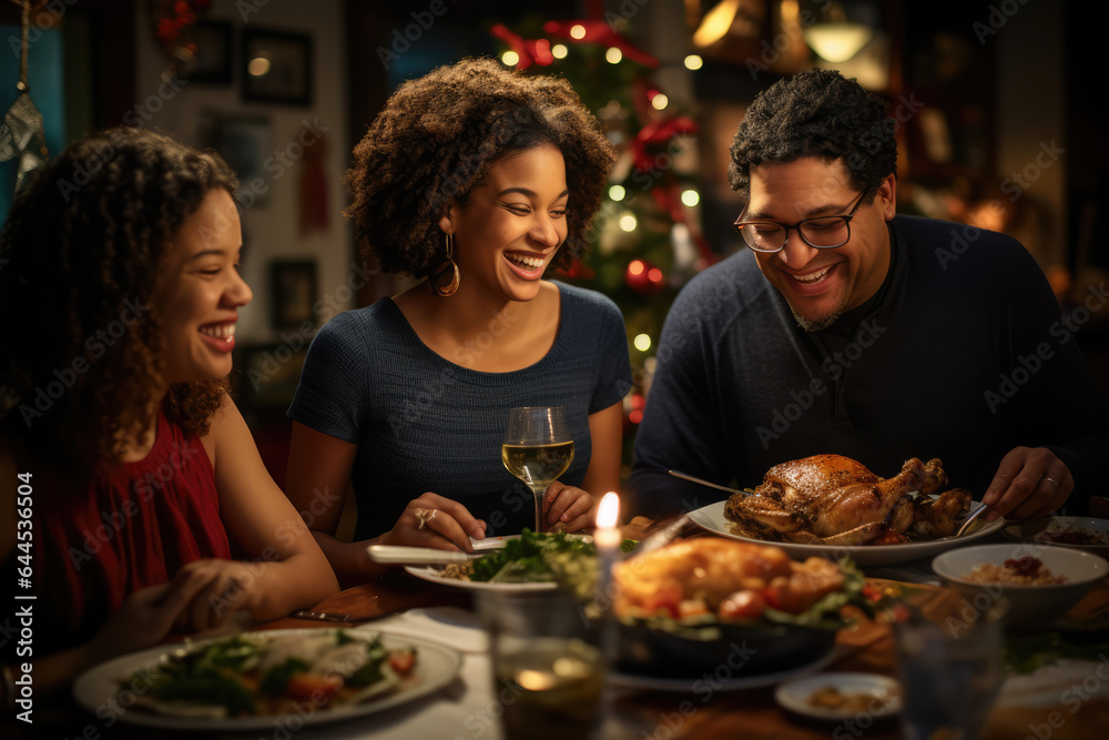 A family gathers for a holiday meal that includes classic family recipes alongside innovative culinary creations, reflecting the fusion of culinary traditions. Generative Ai.