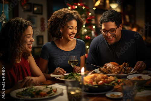 A family gathers for a holiday meal that includes classic family recipes alongside innovative culinary creations  reflecting the fusion of culinary traditions. Generative Ai.
