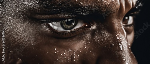 Extreme portrait close-up look of a professional black athlete with intense focus in his eyes and pouring sweat