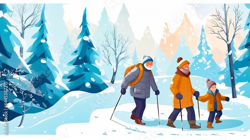 Watercolor drawing of grandparents and granddaughter doing Nordic walking in winter forest