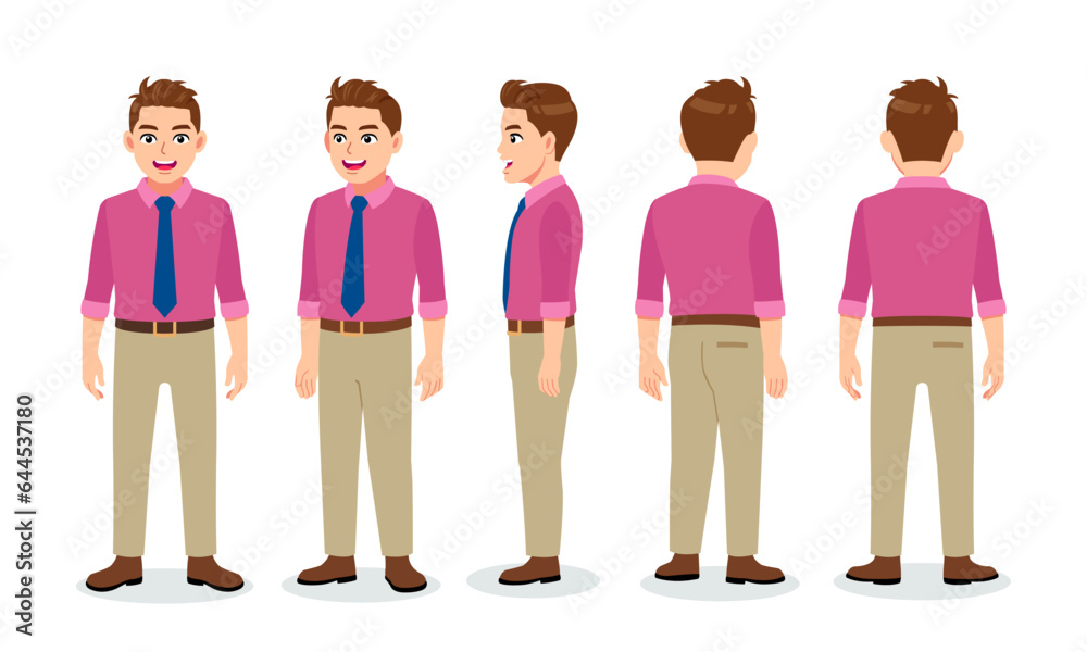 Fototapeta premium Working magenta shirt man character turn around with standing poses