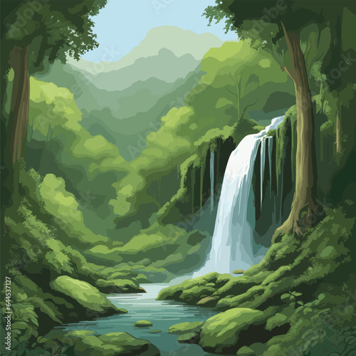 tranquil illustration a serene waterfall nestled within a lush forest. Depict the waterfall cascading down moss covered rocks, surrounded by verdant foliage and trees. natural beauty. for nature