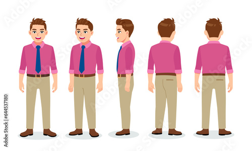 Working magenta shirt man character turn around with standing poses