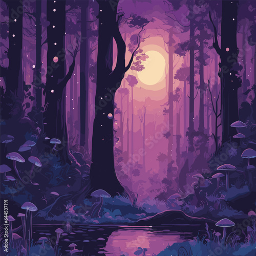 Design an intricate vector illustration that transports viewers to a fantastical nighttime forest bathed in purples and blues. Utilize meticulous detailing to portray the magical ambiance, complete