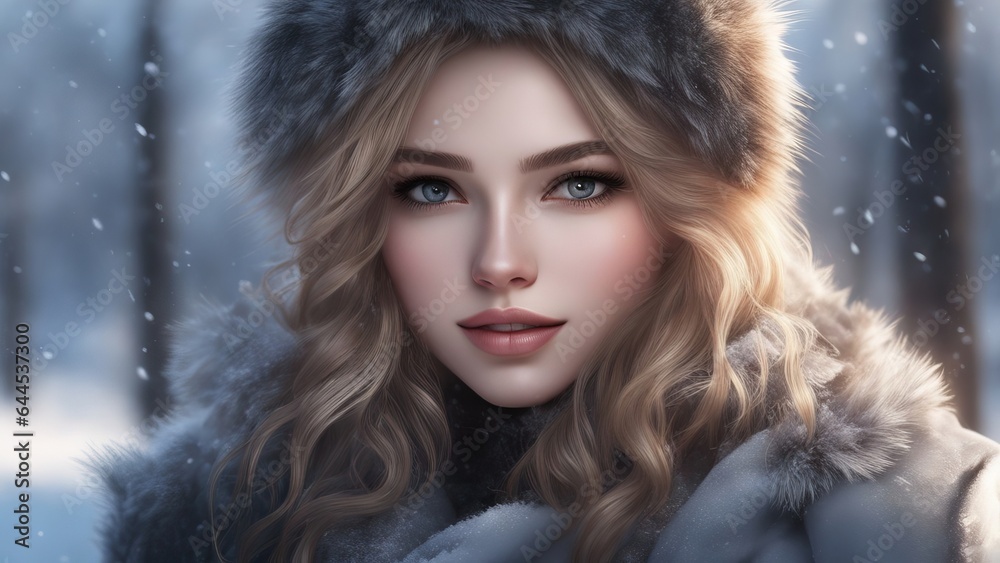 Close-up portrait of a girl in winter coat and scarf in snowy weather, background sunlight Close-up portrait of a girl in winter coat and scarf in snowy weather, background sunlight