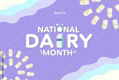 National Dairy Month, celebrated on June. Illustration of Milk carton and glass of milk. Milk carton pattern, National Dairy month typographic design poster. Vector Illustration.