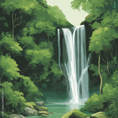 tranquil illustration a serene waterfall nestled within a lush forest. Depict the waterfall cascading down moss covered rocks, surrounded by verdant foliage and trees. natural beauty. for nature (2)