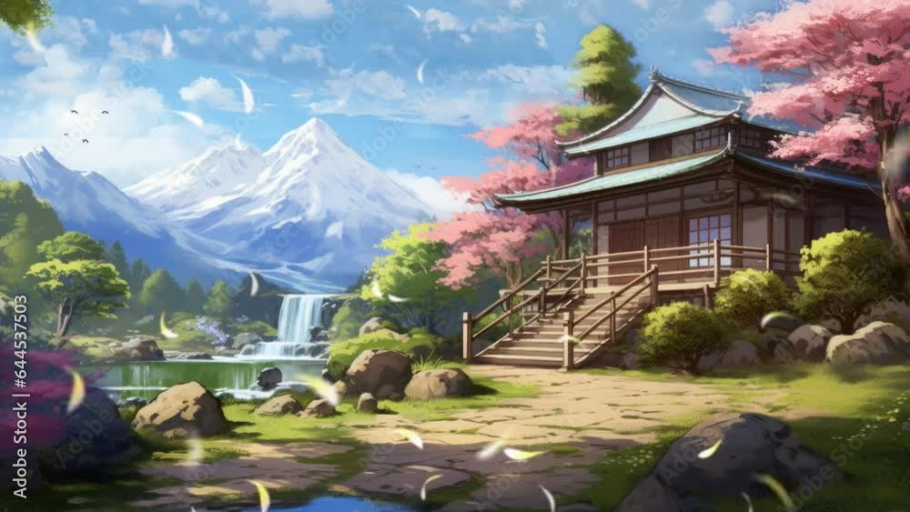 Beautiful fantasy spring nature landscape and cherry blossom tree animated background in Japanese anime watercolor painting illustration style. seamless looping video animated background